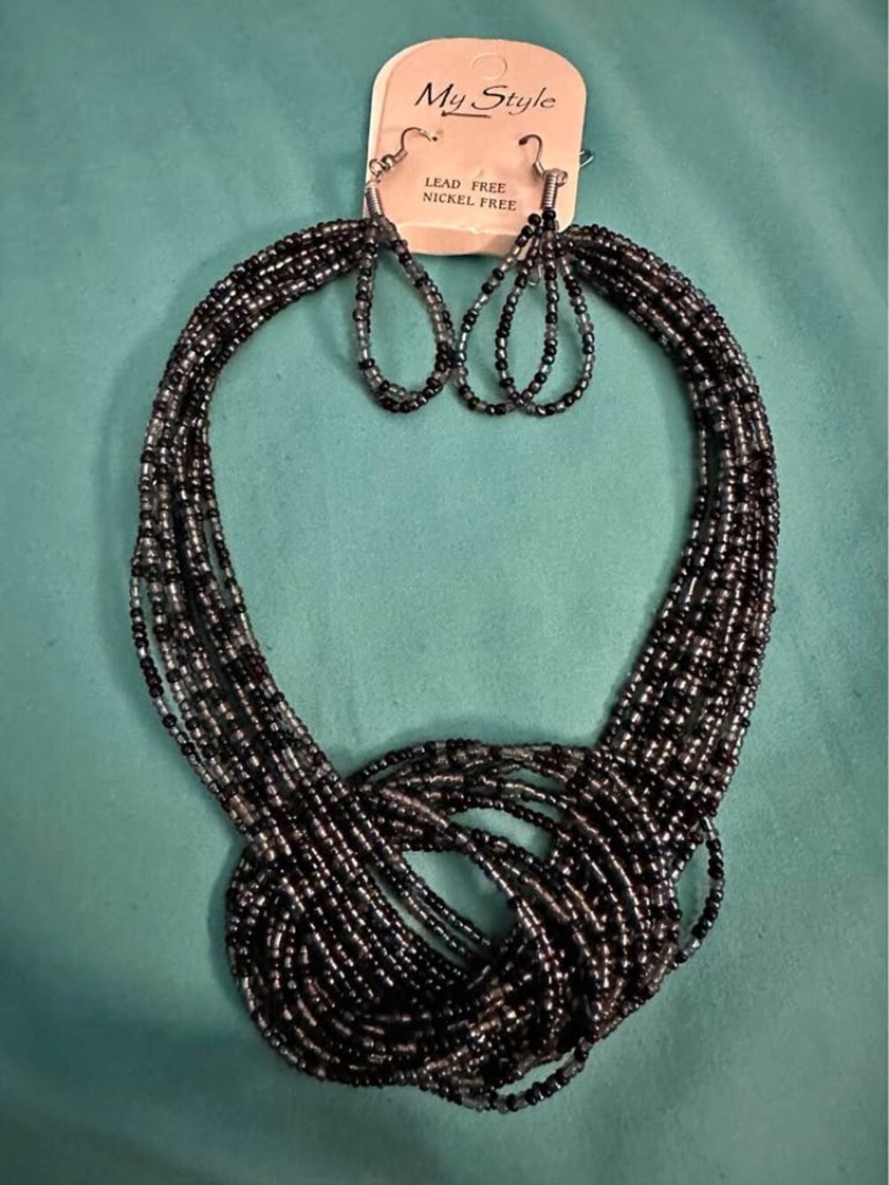 Black & Silver Multi-Strand Beaded Statement Necklace & Earrings Set